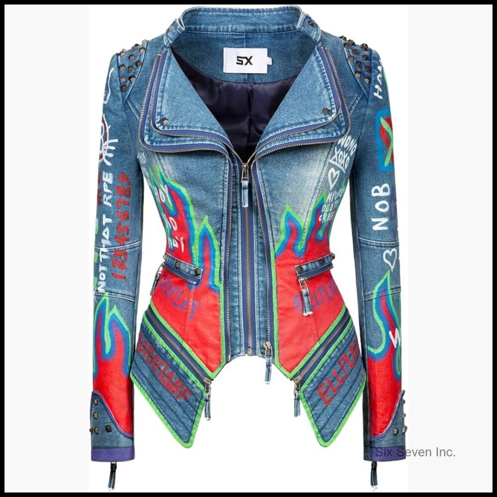 Faux Leather Denim Jacket with Detachable Hem and Zipper Details